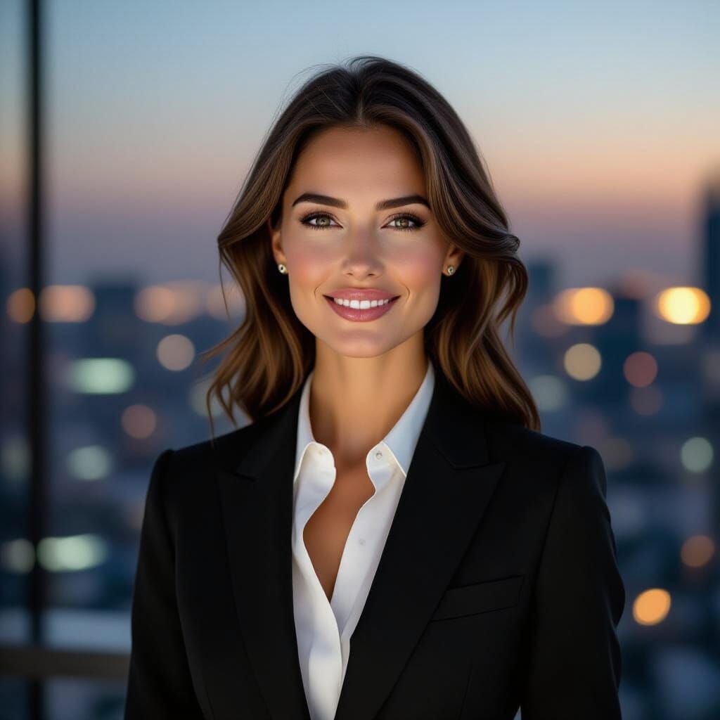 Elegant Woman in Black Suit in Twilight Cityscape