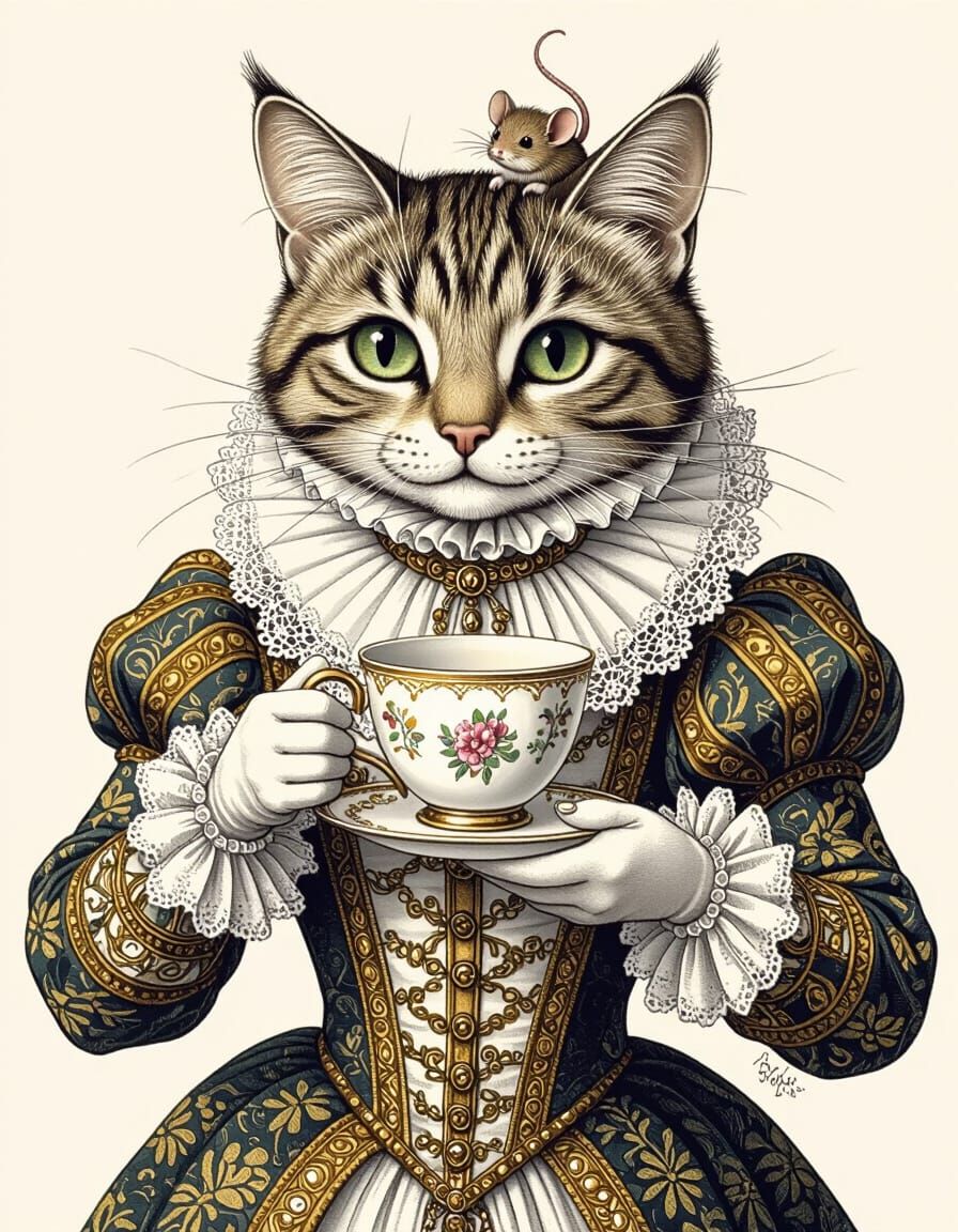 Anthropomorphic Renaissance Cat with Mouse, Caricature Style