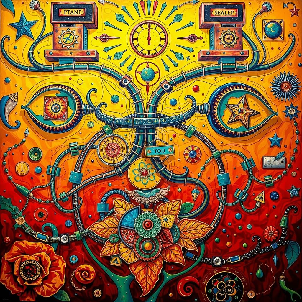 Vibrant Geometric Hyperrealism in Vermillion, Yellow, and Gr...