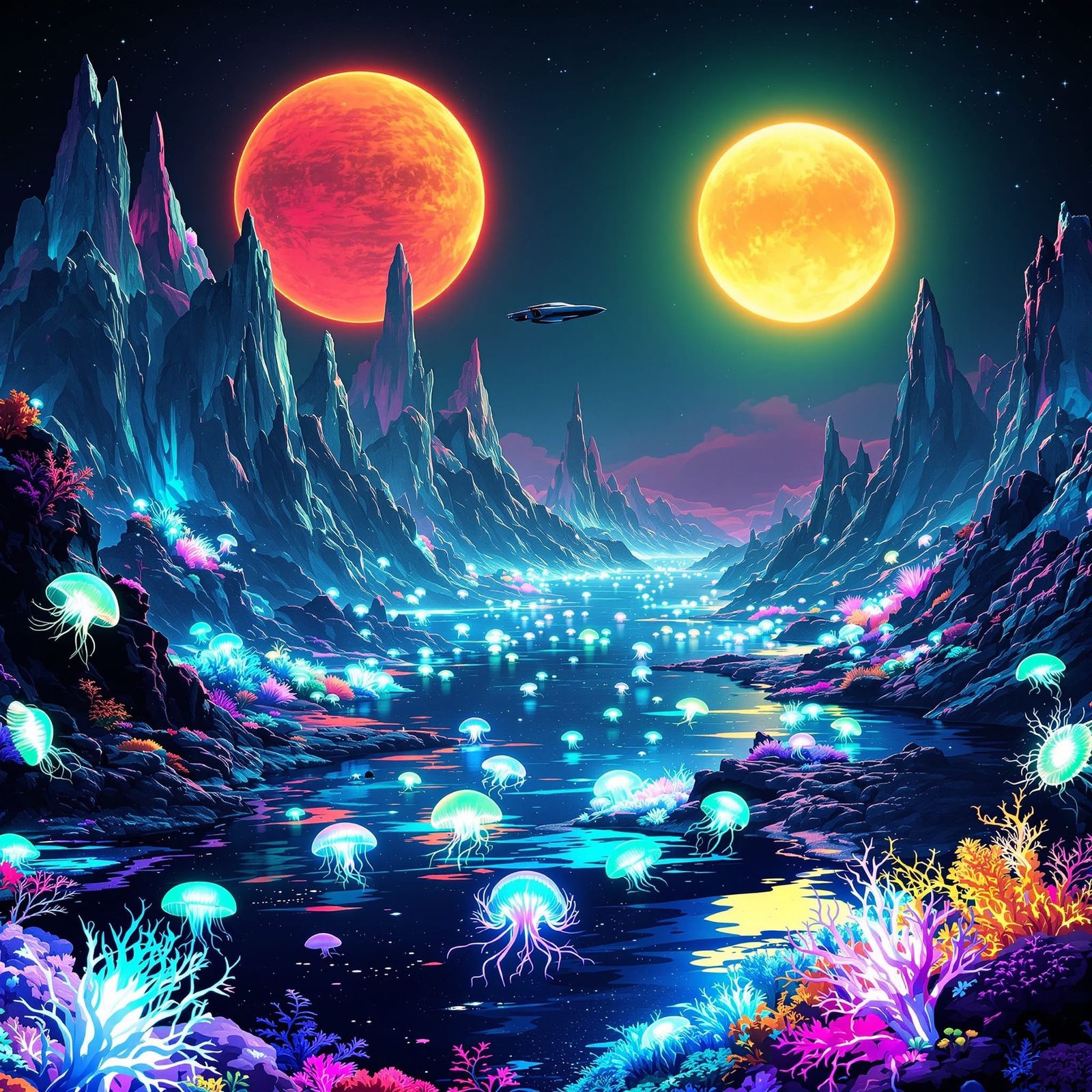 Bioluminescent Exoplanet Landscape with Crystalline Mountain...