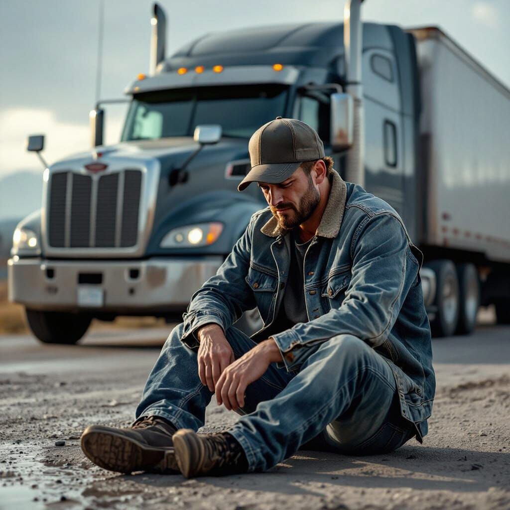 Truck Driver Cries Beside Semi-Truck in Cinematic Style