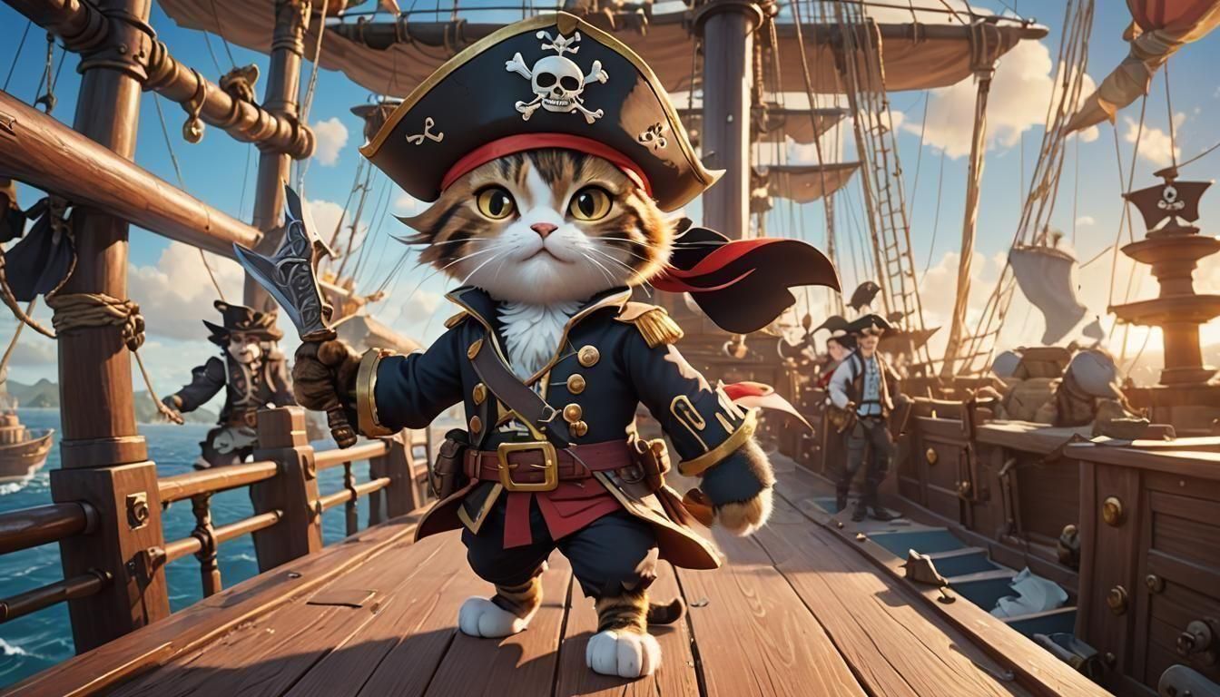 Pirate Cat in Elegant Anime Style Confronts Foes on Ship