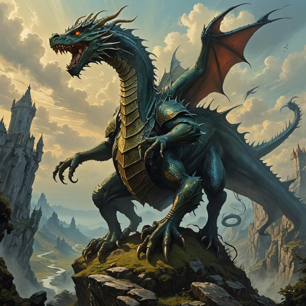Knight Portrait with Dragon in Fantasy Landscape