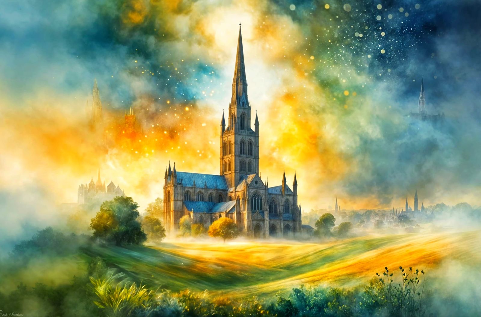Ethereal Watercolour of Salisbury Cathedral Spire in Fog