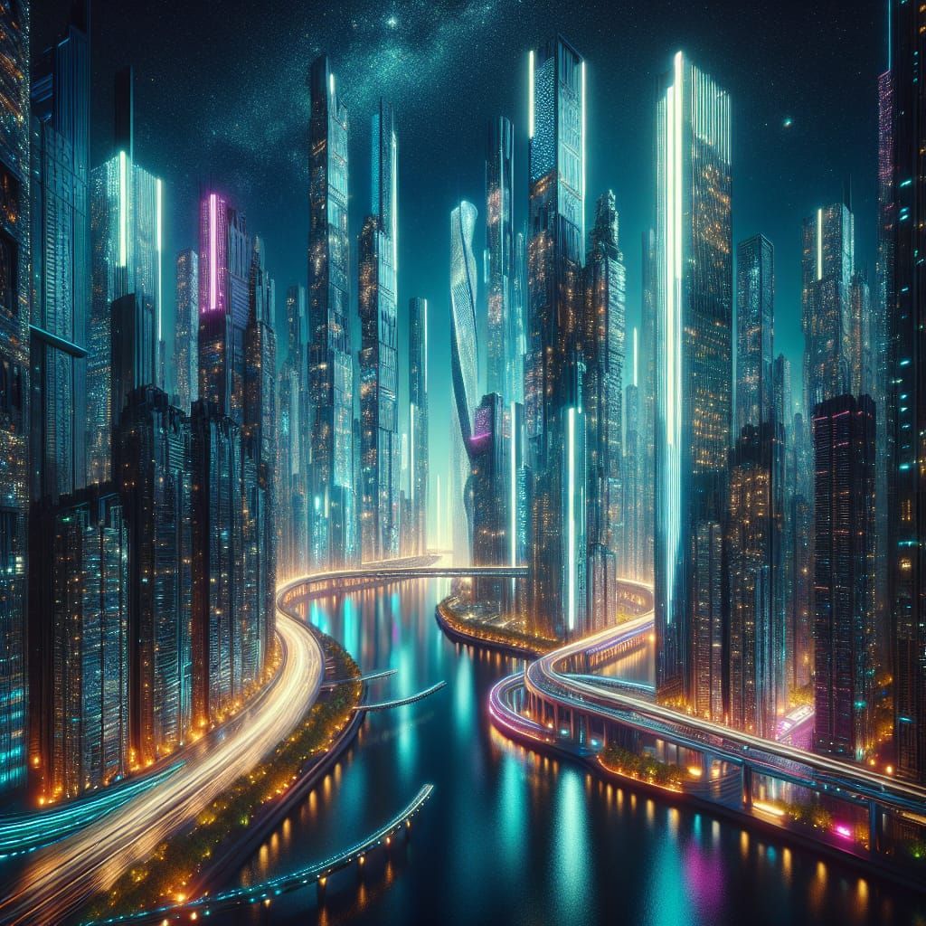 Surreal Futuristic Cityscape at Night