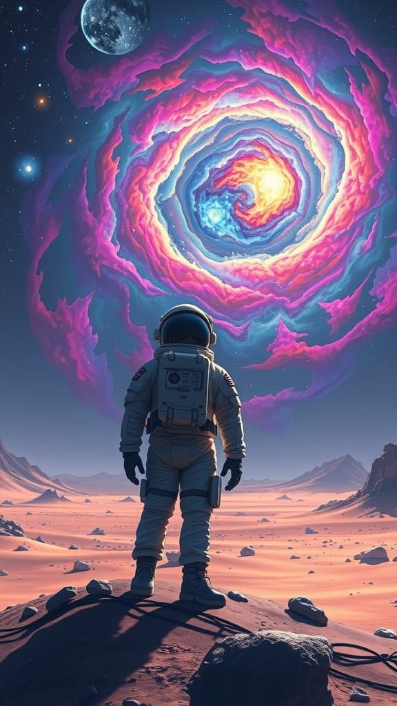 Astronaut Stands on Alien Planet Gazing at Swirling Nebula i...