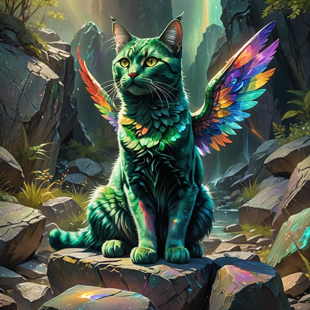 Emerald Cat with Rainbow Wings: Fantasy Art