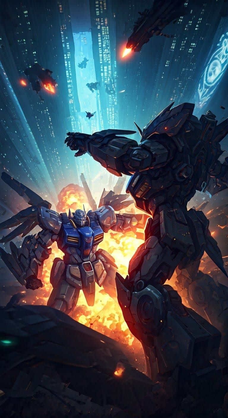 Mecha Battle in Metropolis: Cinematic Action Scene