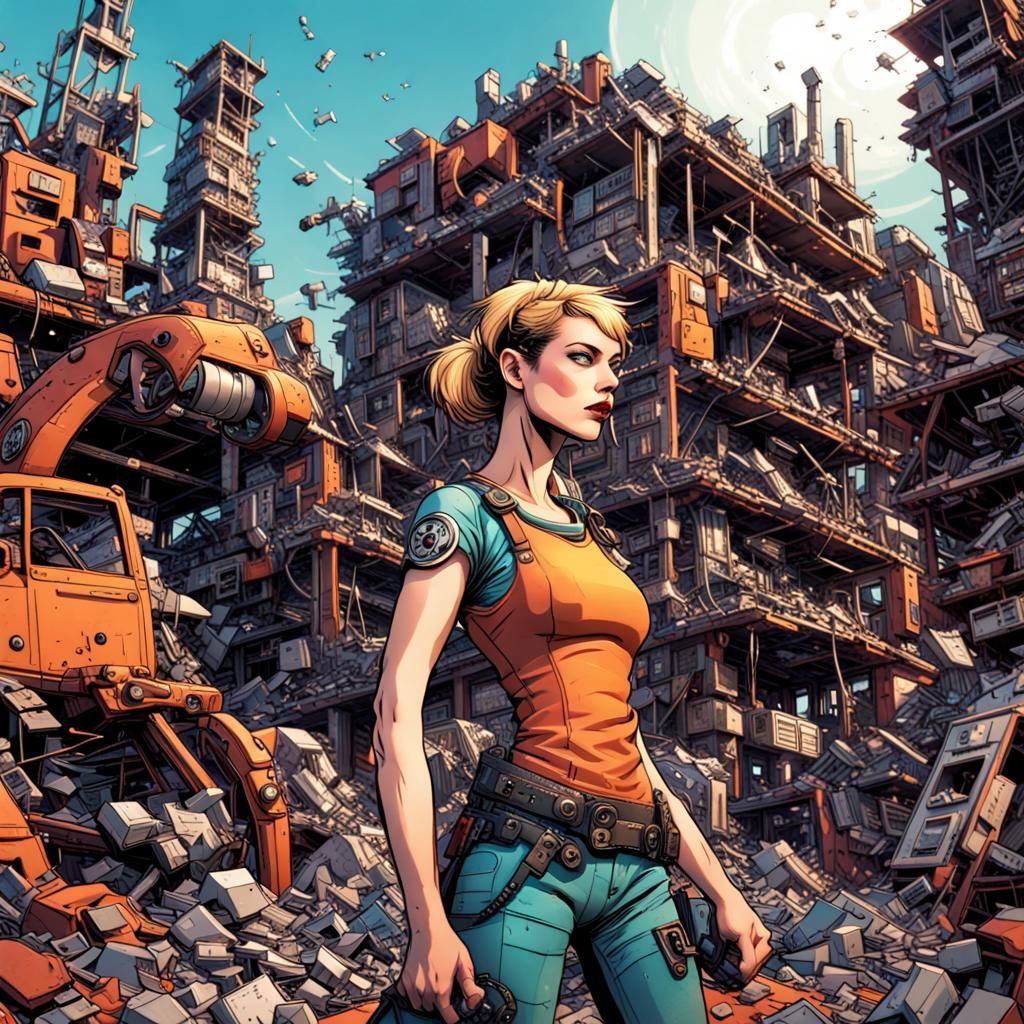 Scrap Punk Woman Builds in Sci-Fi Junkyard
