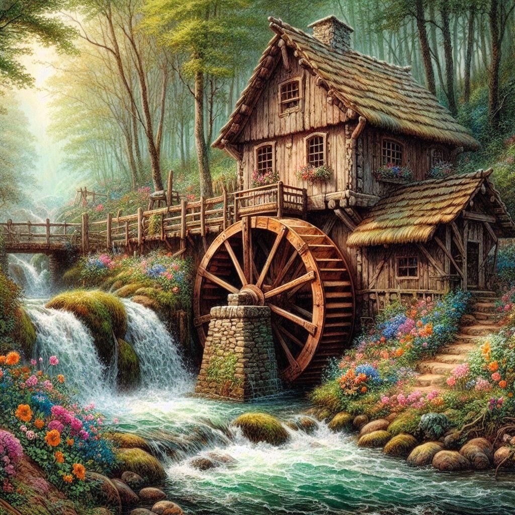 Fairytale Cabin with Watermill in Pre-Raphaelite Style