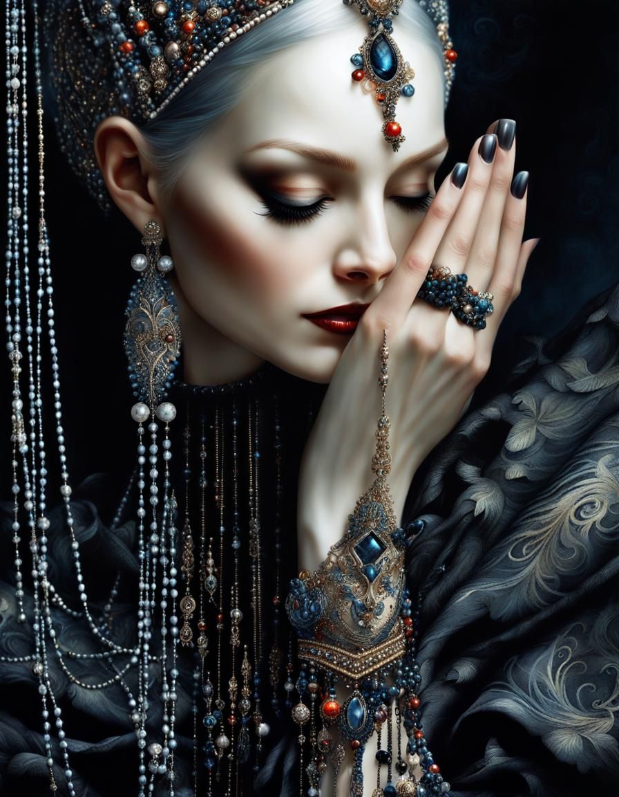 Detailed Gothic Portrait of Hand with Beaded Thread