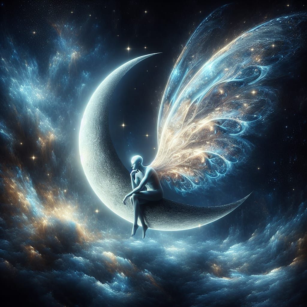 Ethereal Being on Crescent Moon in Nebula