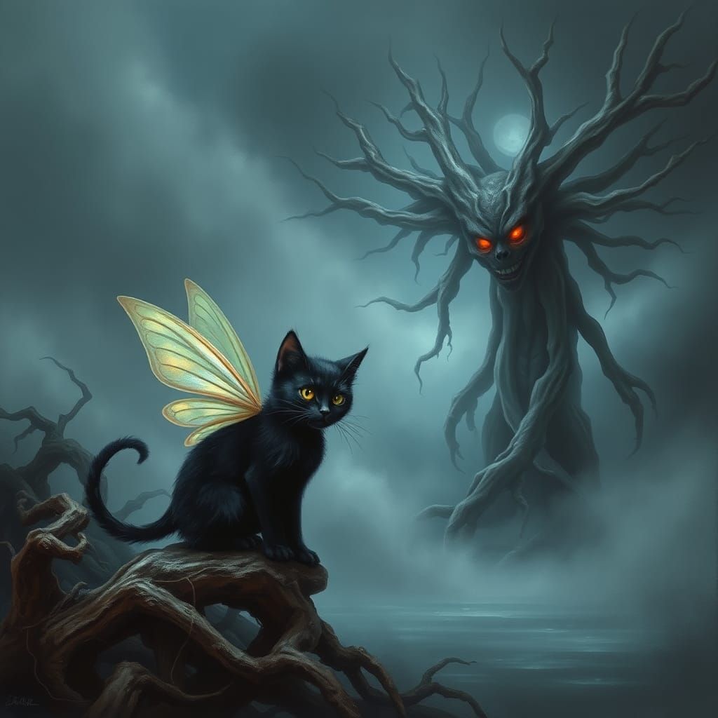 a cat and the menacing presence of a tree-like creature