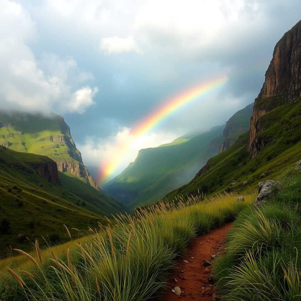 Vibrant Rainbow Over Misty Valley Landscape in Serene Nature