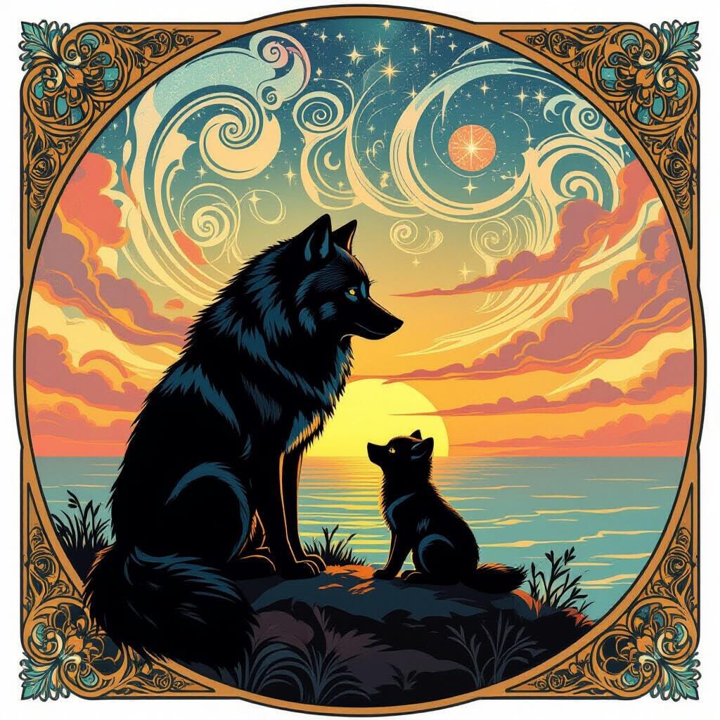 Art Nouveau Wolf Family at Autumn Sunset Seascape