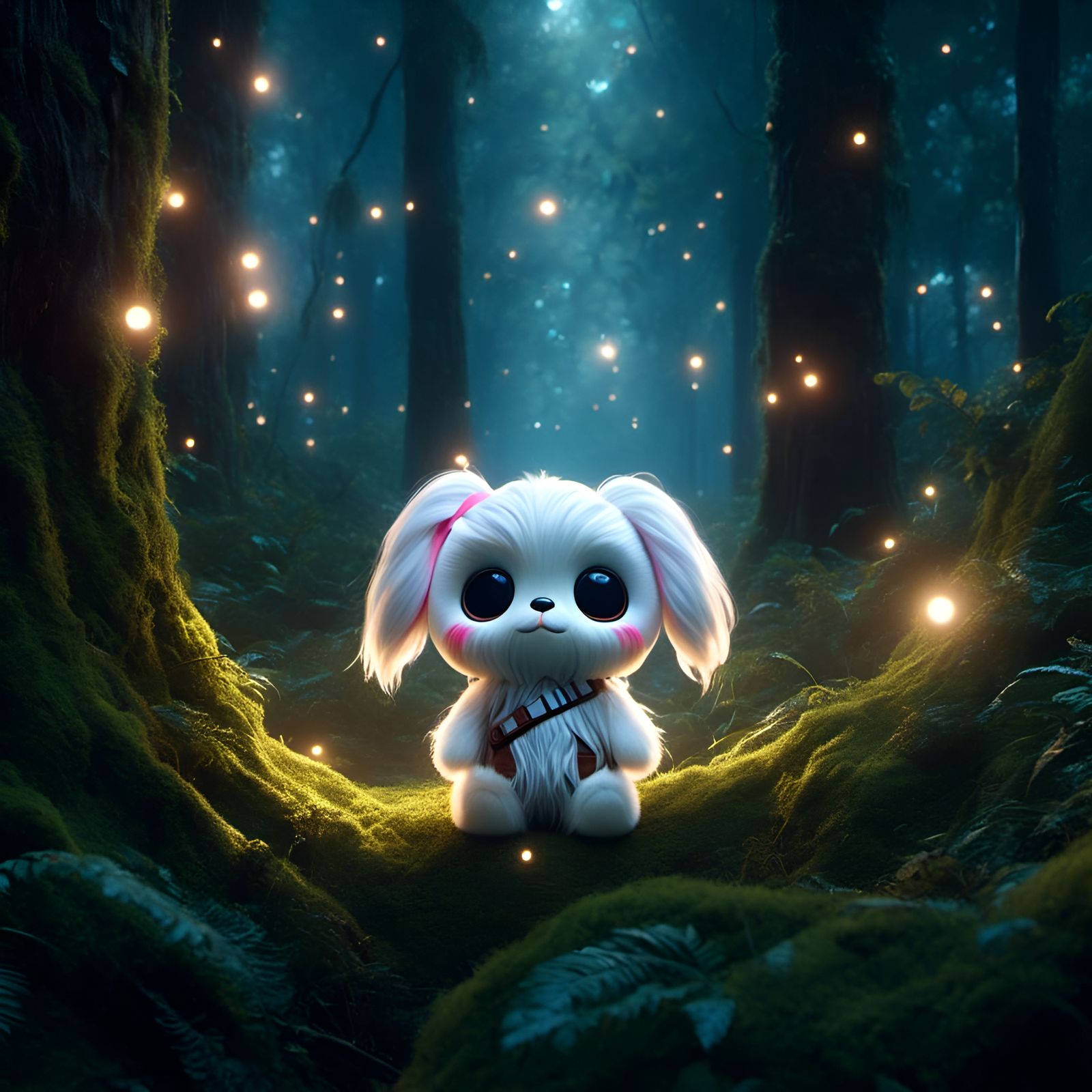 Cinnamoroll Chewbacca in Magical Forest, Digital Art