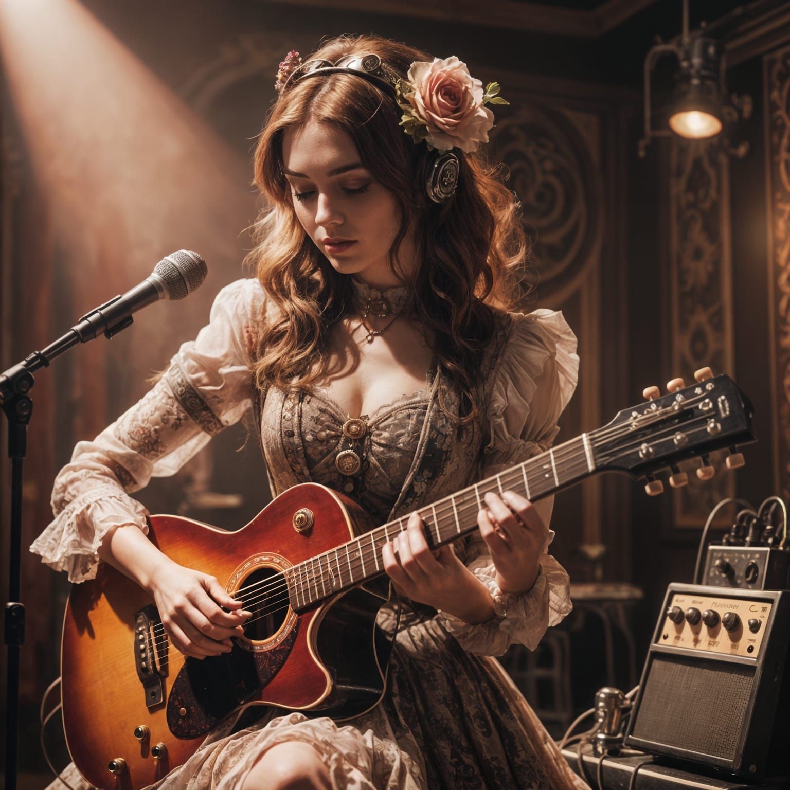Steampunk Guitarist Girl Rehearsing with Glowing Flowers