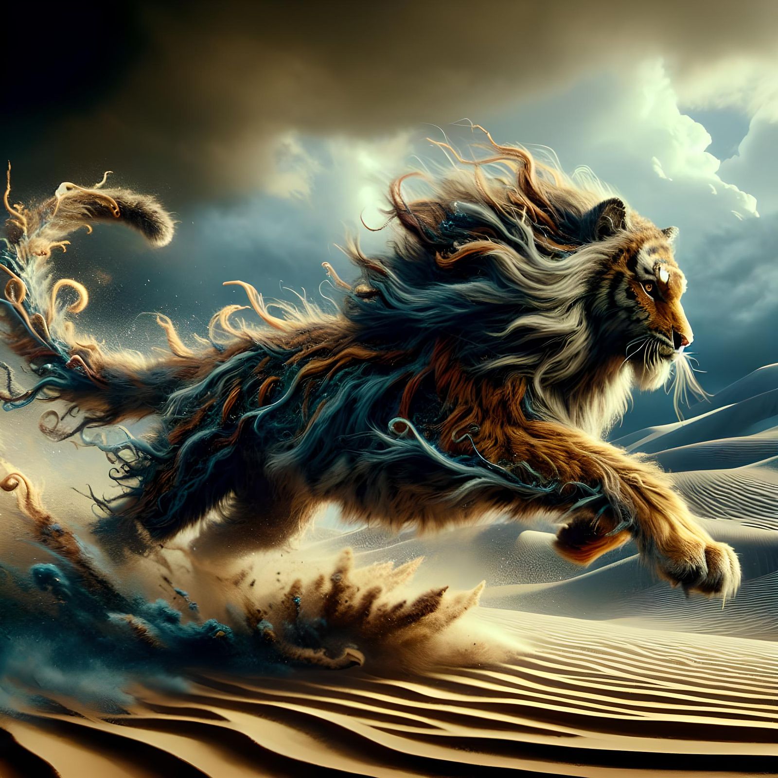 Magical Tiger Cub Running Through Desert Sandstorm