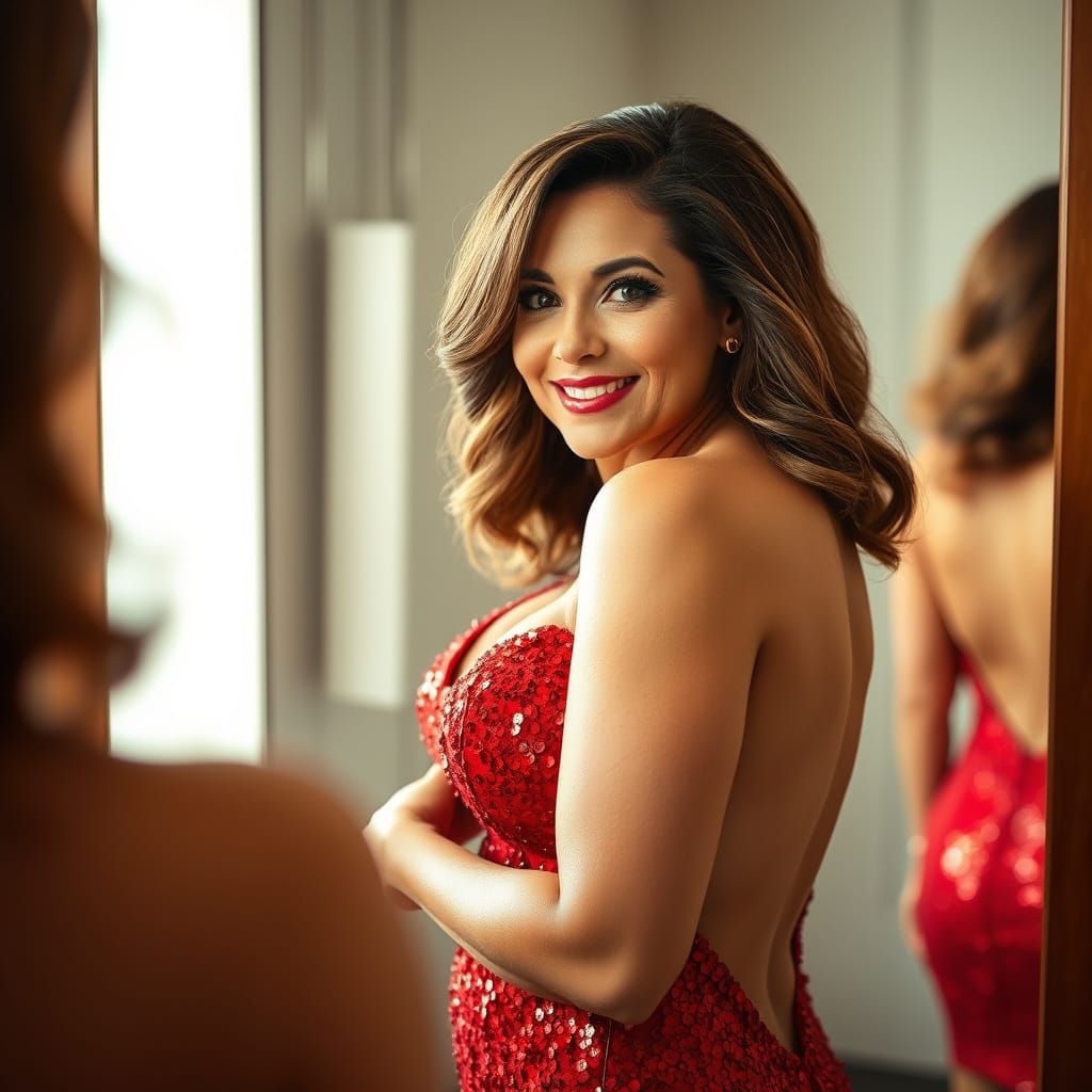 Confident Curvy Beauty in Red Sequined Dress
