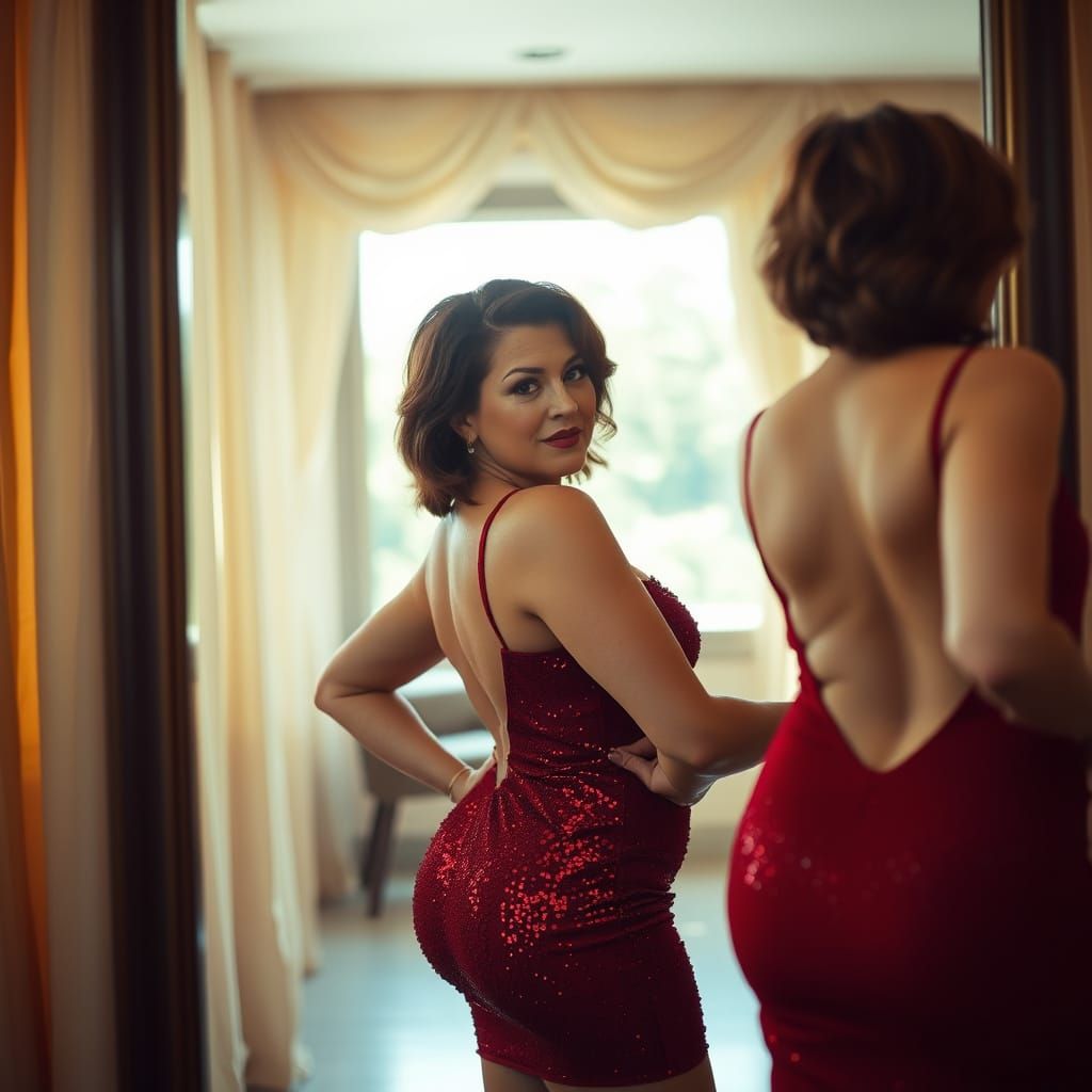 Confident Curvy Woman in Red Sequined Dress