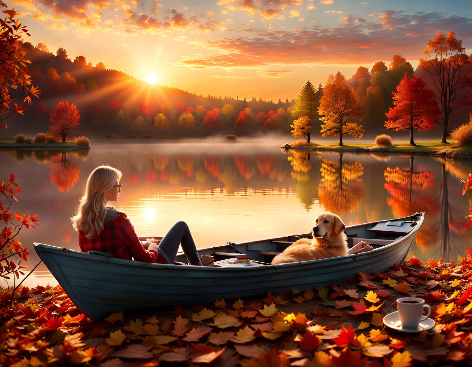 Autumn Lakeside Sunrise With Woman and Dog