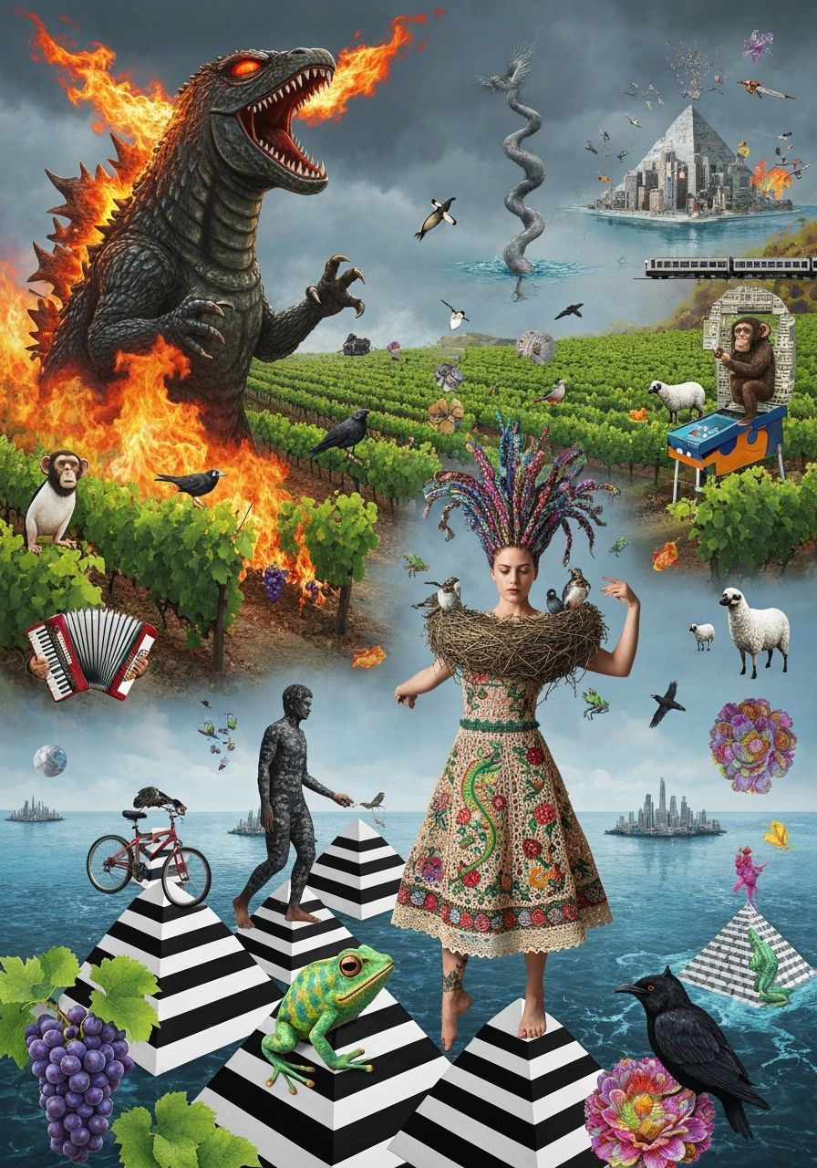 Burning Godzilla Vineyards: Surreal Dark Fantasy Scene