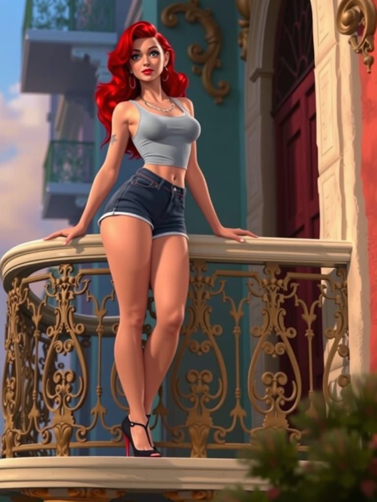 Red Haired Woman on Balcony