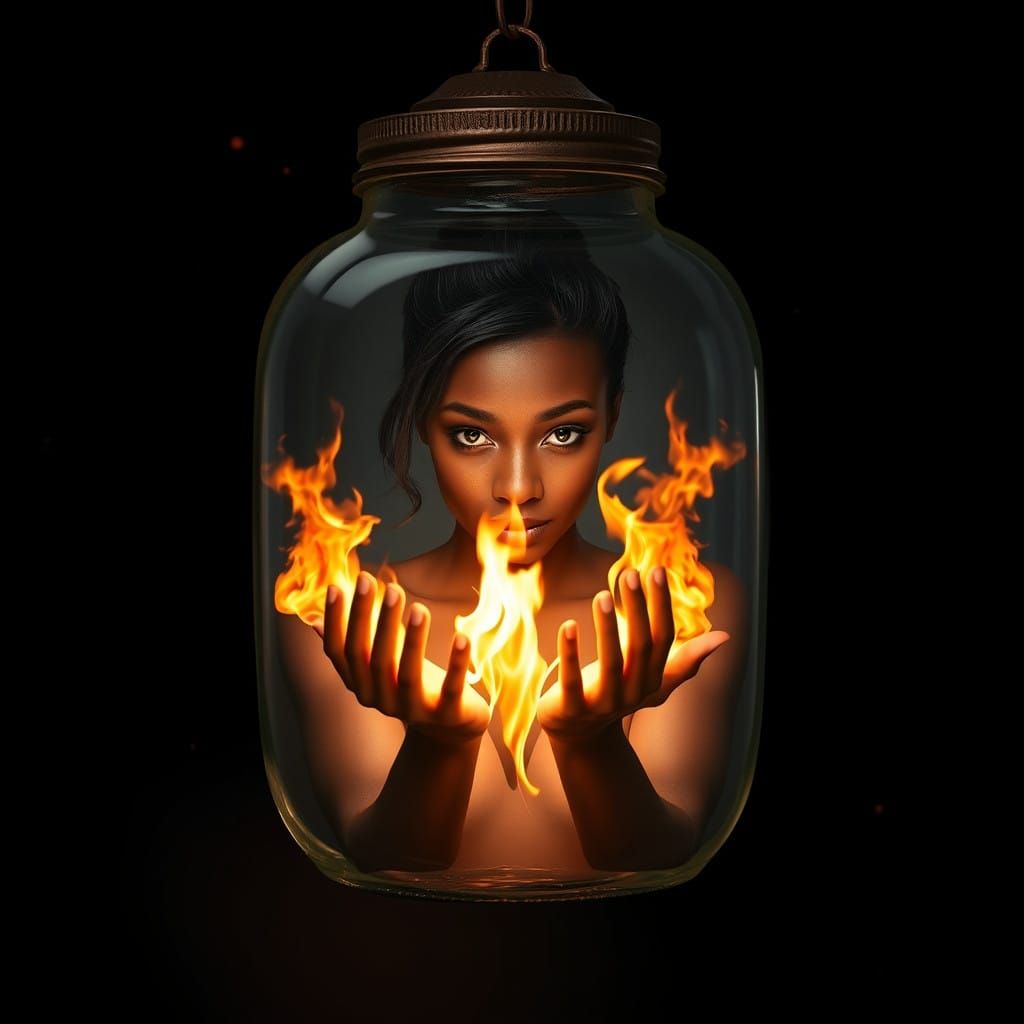 Dark Skinned Woman Controls Flames Within Ethereal Jar