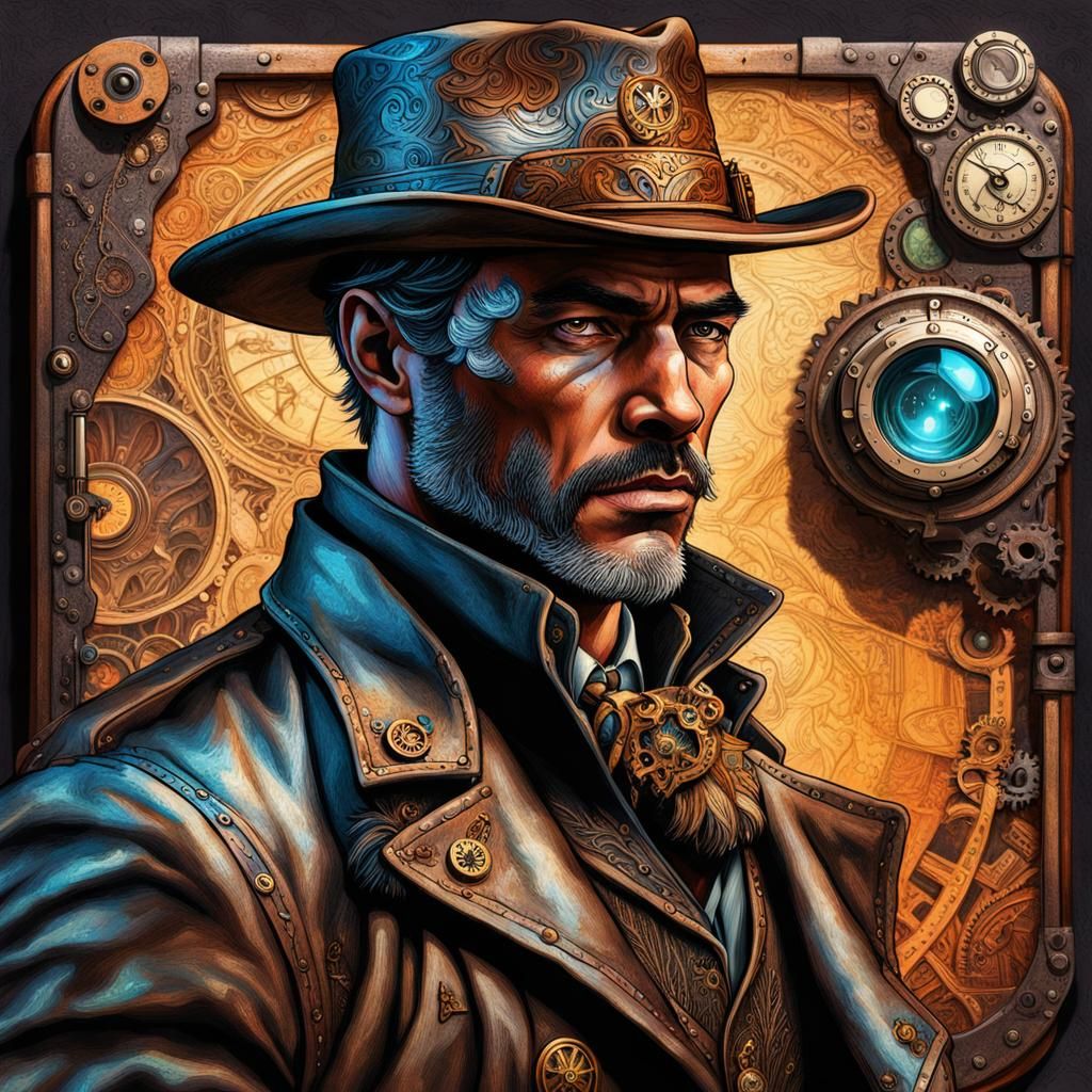 Steampunk Cowboy Detective in Art Brut Style
