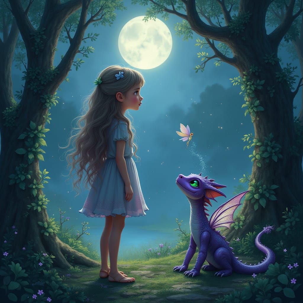 Whimsical Moonlit Encounter with a Shimmering Purple Dragon