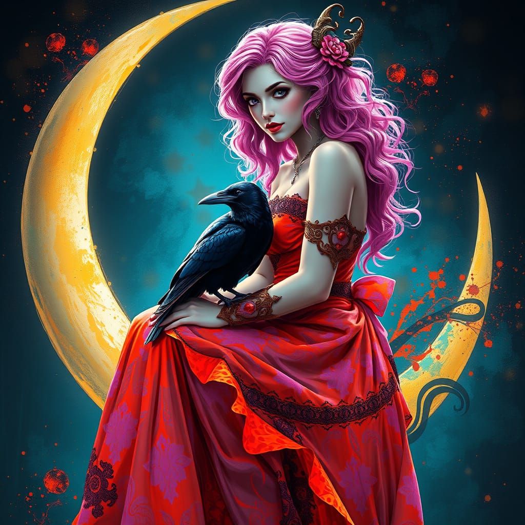 Pink Haired Woman on Moon in Alcohol Ink Style