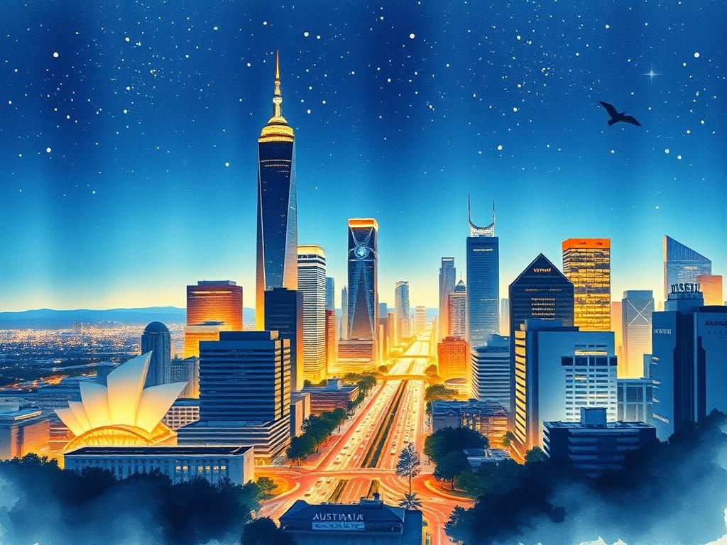 Australian Cityscape at Dusk in Watercolor Style