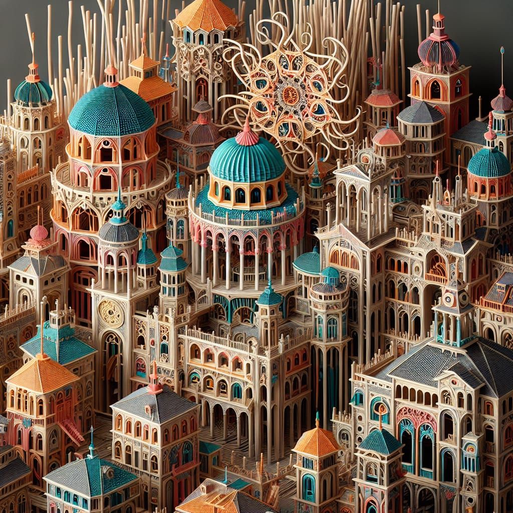 Detailed Paper Craft Miniature City in Rococo Style