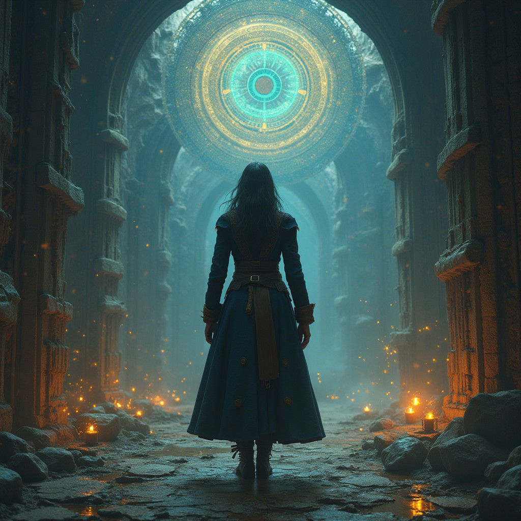 Figure Faces Deadlines in Clockwork Mystical Landscape