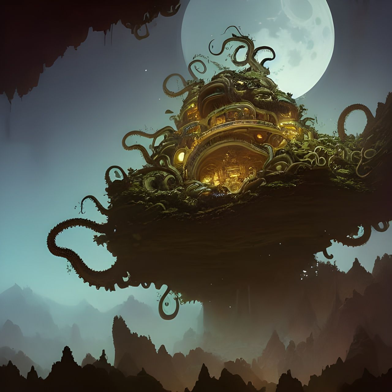 Tentacled Temple on Alien Mountains in Moonlight