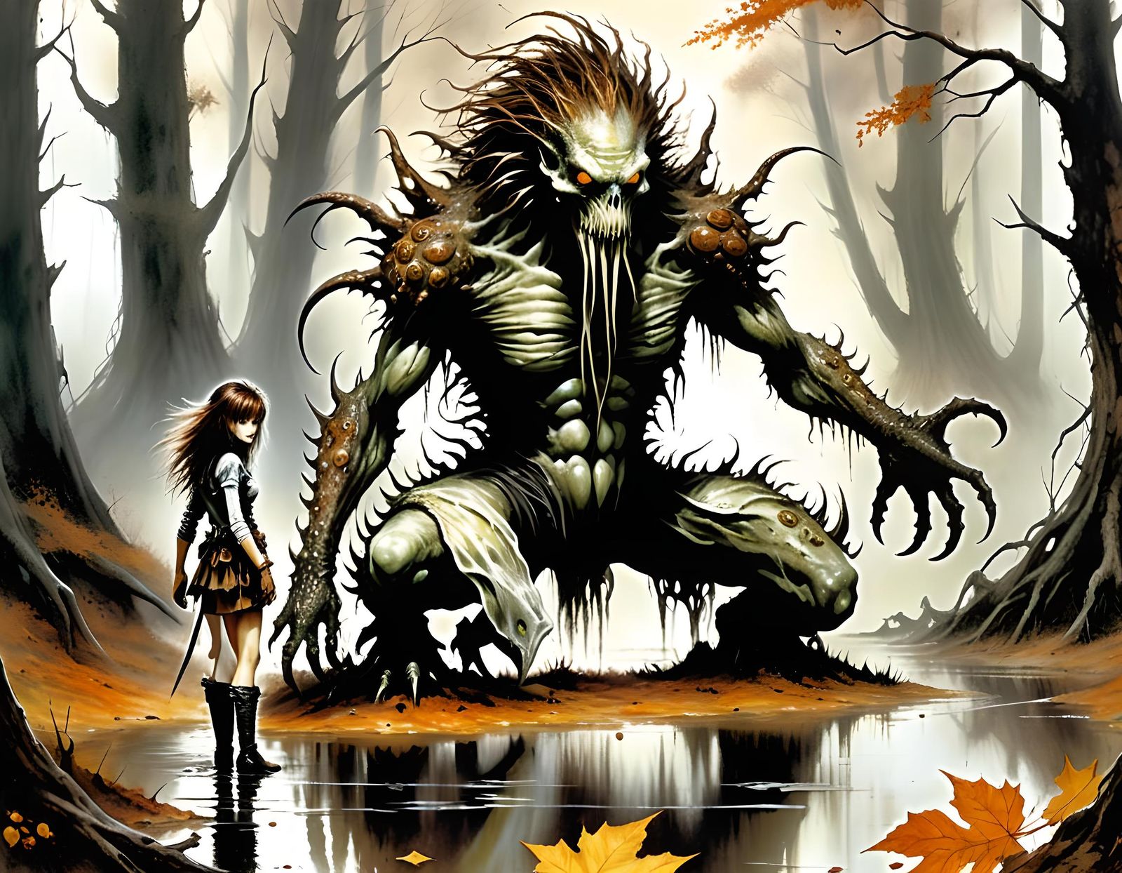 Horrid Tentacle Monster in Autumn Lake, Fantasy Art