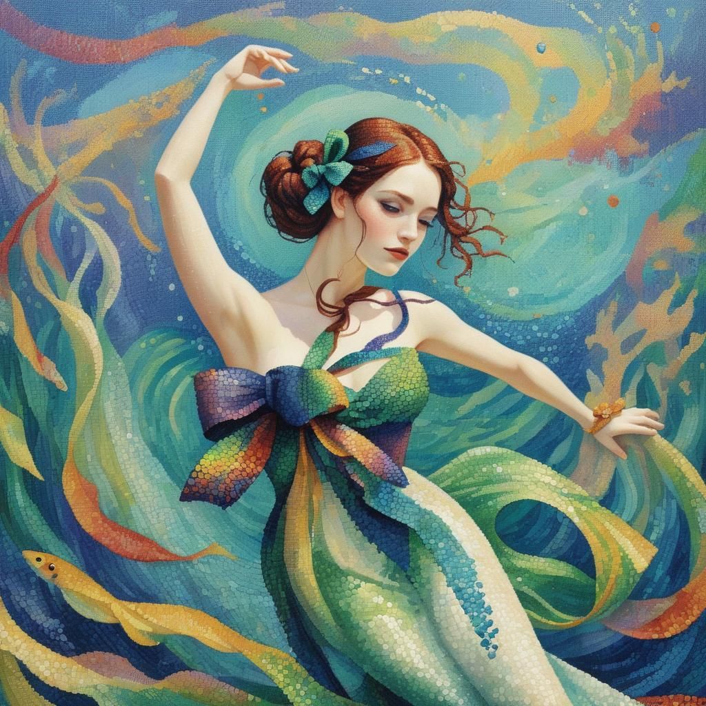 Mermaid at Ship Bow in Pointillist Style