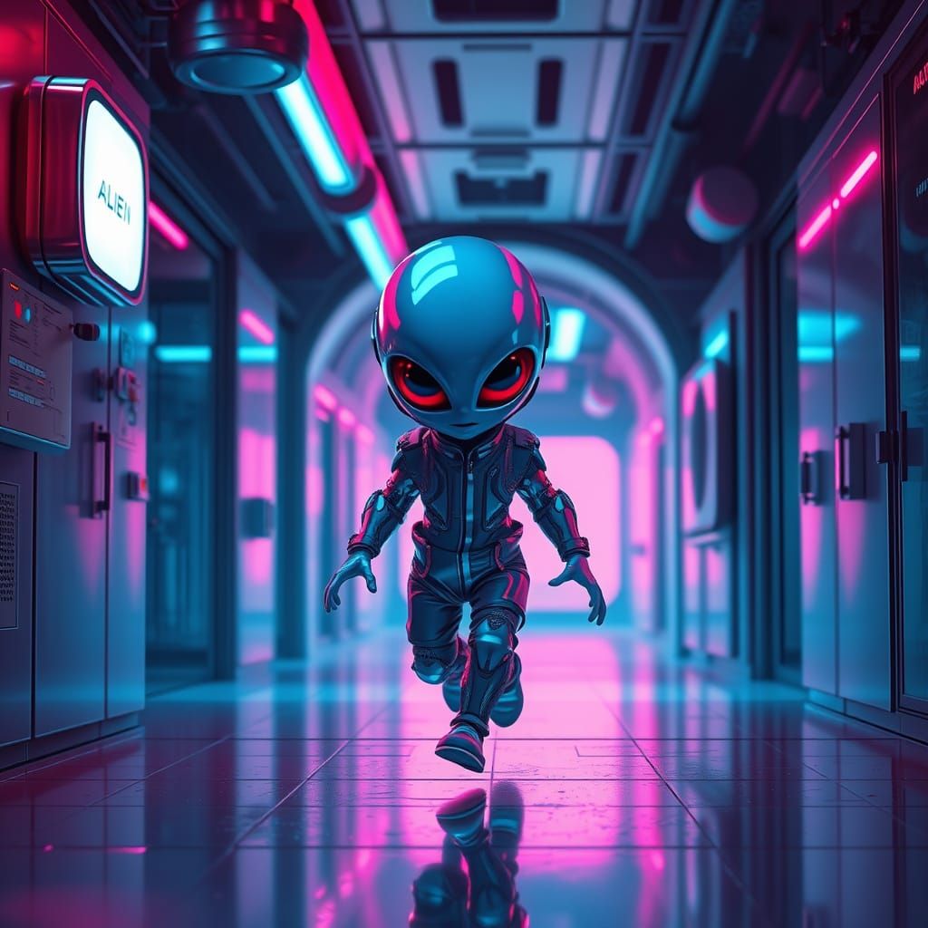 A blue red Baby Alien escapes from a neat cyberpunk laborato...