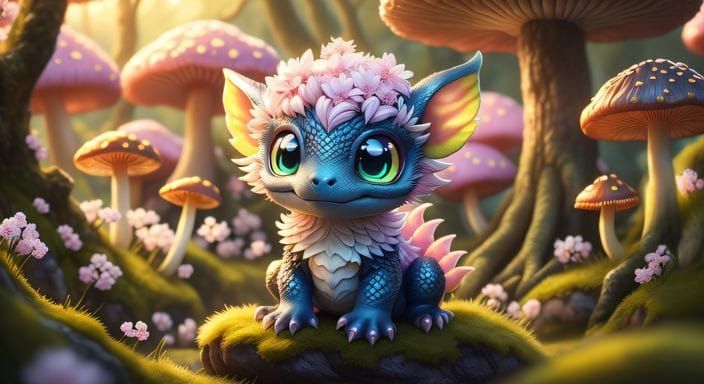 Fluffy Chibi Dragon Cub in Mushroomland