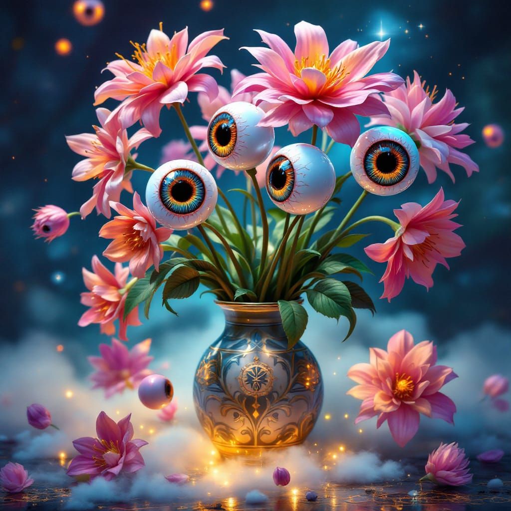 Eyeballs on Stems in Ornate Vase with Flowers