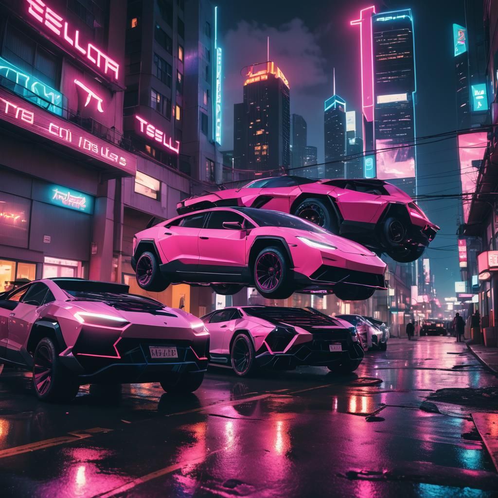 Cyberpunk Tesla Cybertruck and Lamborghini in Neon City