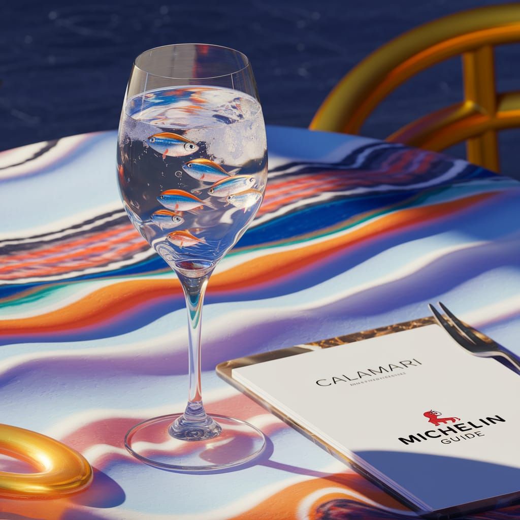 Exotic Fish Swim in Sparkling Glass on Mediterranean Lunch T...