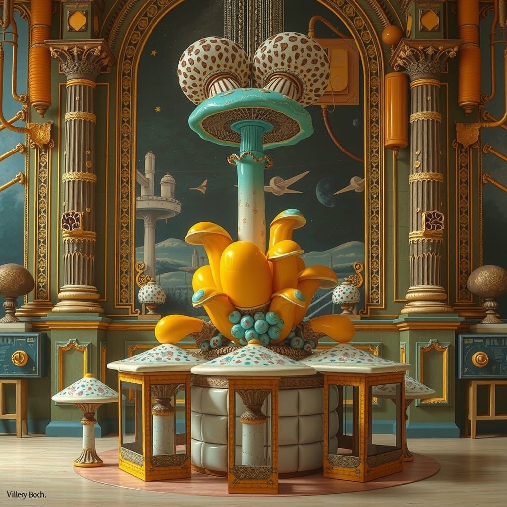 Surrealistic Landscape with Hyperreal Mushrooms in Industria...