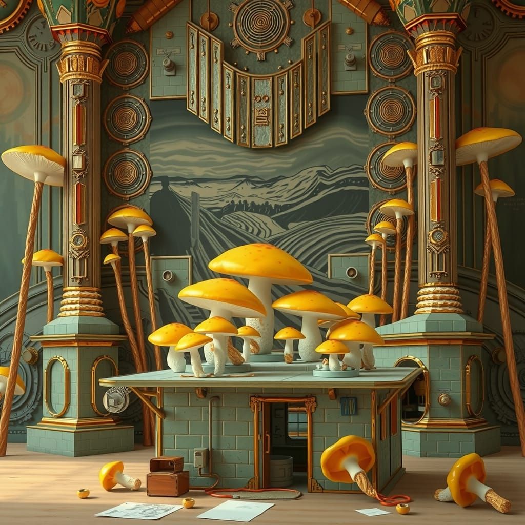 Gum Brick Cabin Amidst Whimsical Mushroom Forest