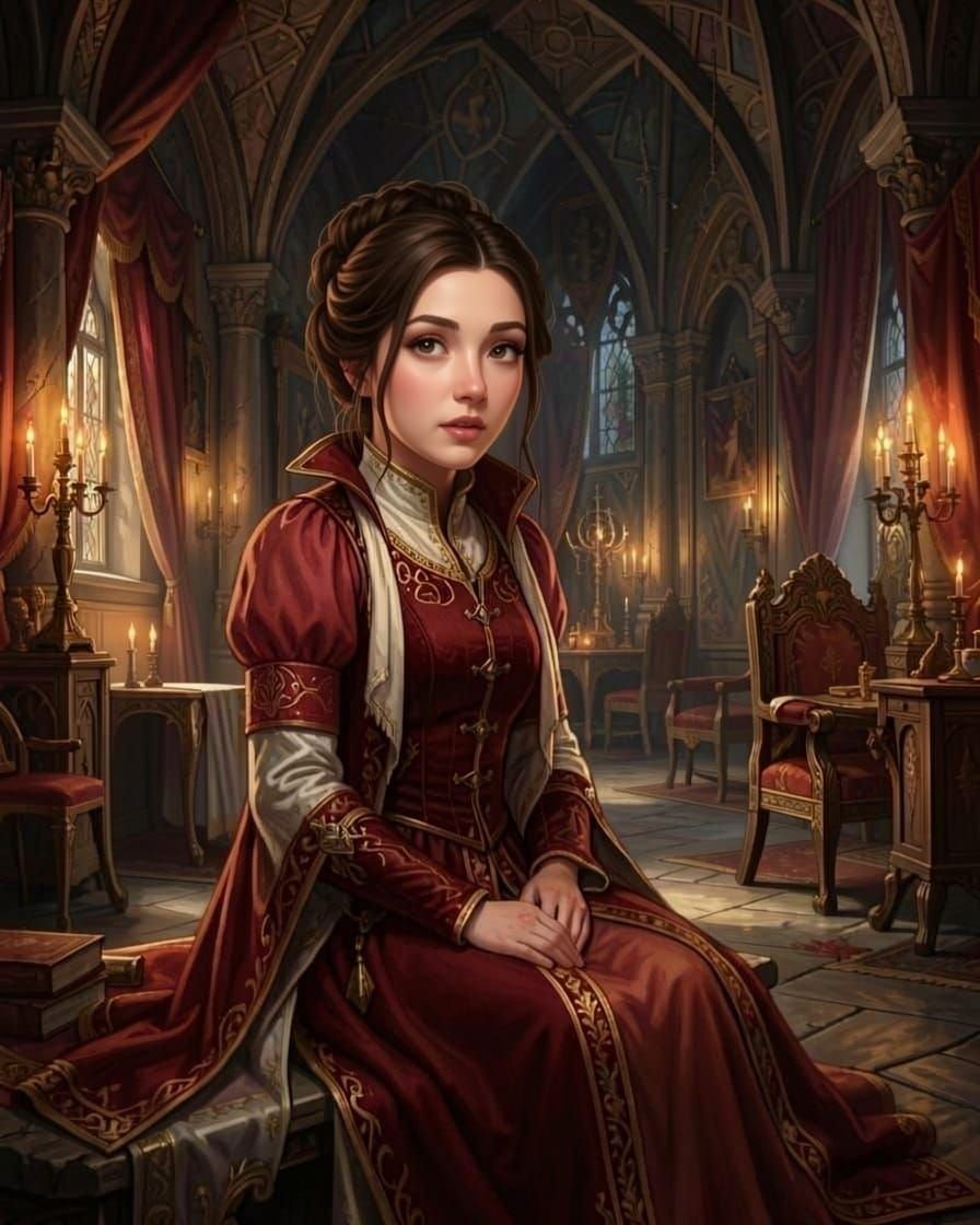 Naive Young Woman in Dark Fantasy Ballroom