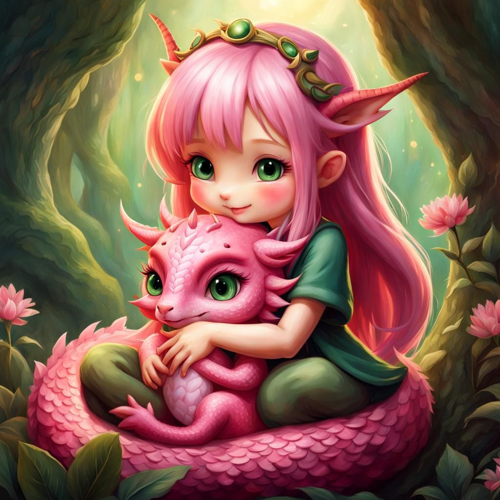 Chibi Pink Dragon Hugs Girl: Hyperdetailed Concept Art