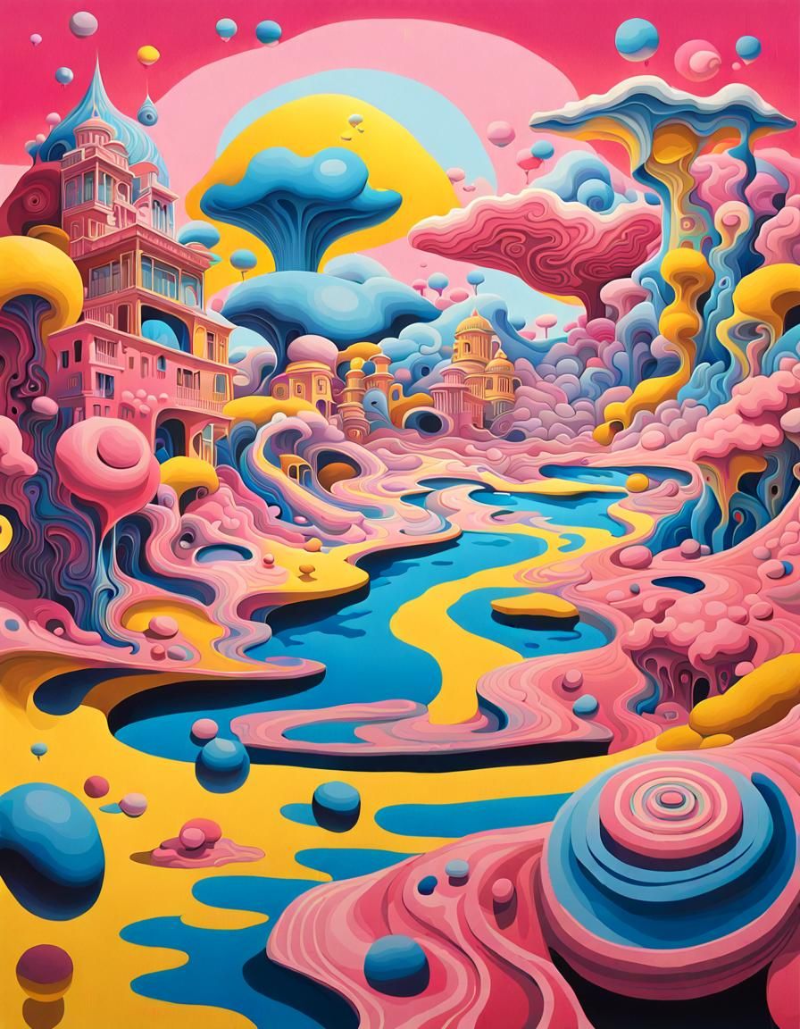 Surreal Landscape with Swirling Patterns in Bold Colors