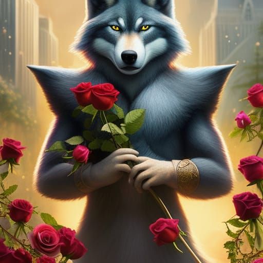Romantic Wolf with Roses in Storybook Style