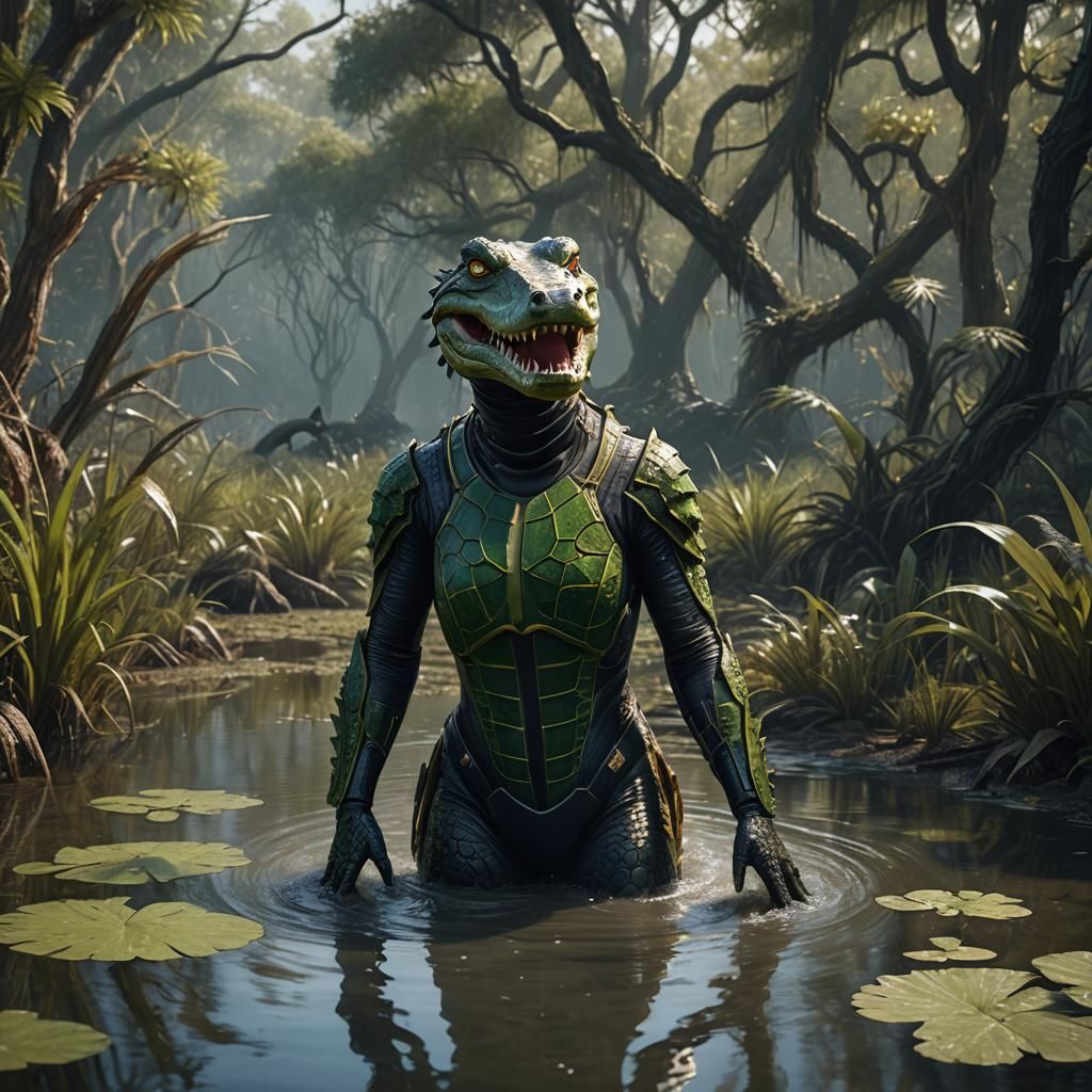 Humanoid Alligator Emerges from Swamp: Detailed Fantasy Art