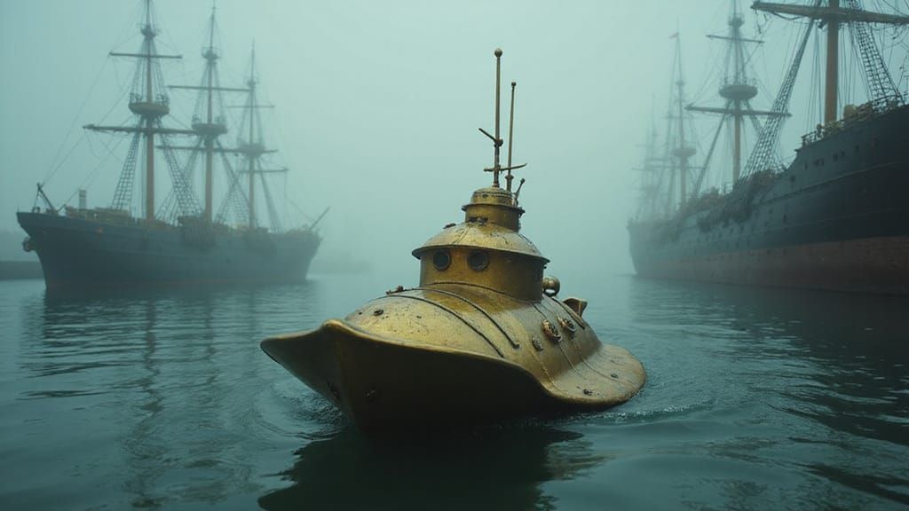 Steampunk Stingray Submarine Enters Foggy Victorian Port